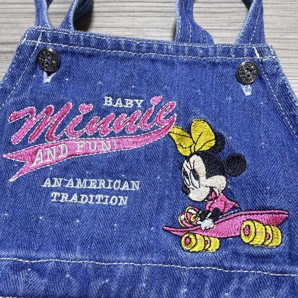 Vtg Disney Overalls Baby Minnie Denim Embroidered Skateboard Bibs Y2K 6-9 Months